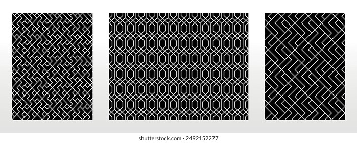 Conjunto geométrico de patrones en blanco y negro sin fisuras. Gráficos de Vector sencillos.