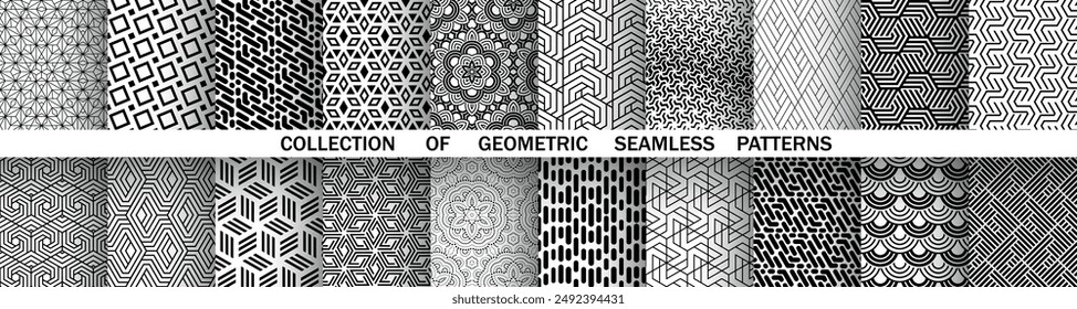 Geometric set of seamless black and white patterns. Simple vector graphics.