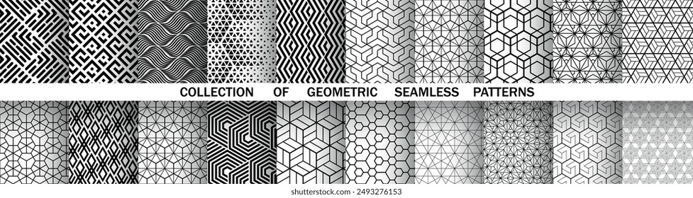 Geometric set of seamless black and white patterns. Simple vector graphics.