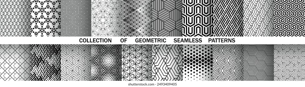 Geometric set of seamless black and white patterns. Simple vector graphics.