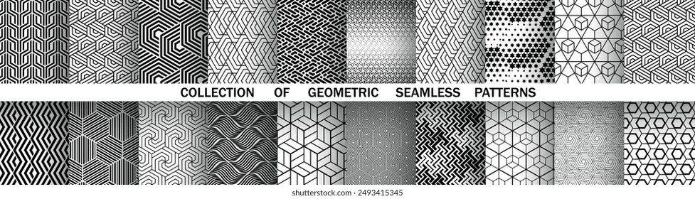 Geometric set of seamless black and white patterns. Simple vector graphics.
