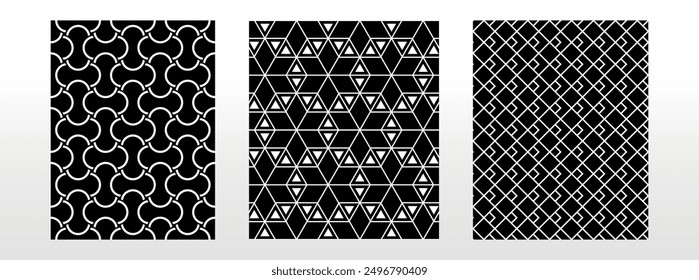Conjunto geométrico de patrones en blanco y negro sin costuras. Gráficos de Vector simples.