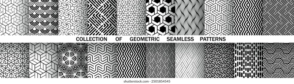 Geometric set of seamless black and white patterns. Simple vector graphics.