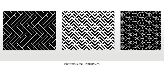 Conjunto geométrico de patrones en blanco y negro sin costuras. Gráficos de Vector simples.