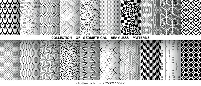 Geometric set of seamless black and white patterns. Simple vector graphics.