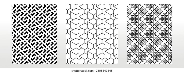 Conjunto geométrico de patrones en blanco y negro sin costuras. Gráficos de Vector simples.