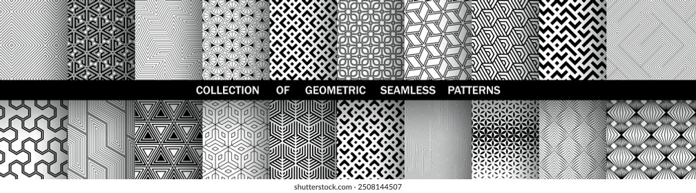 Geometrischer Satz von nahtlosen schwarz-weißen Mustern. Einfache Vektorgrafiken.