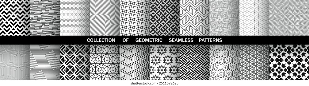 Geometric set of seamless black and white patterns. Simple vector graphics.