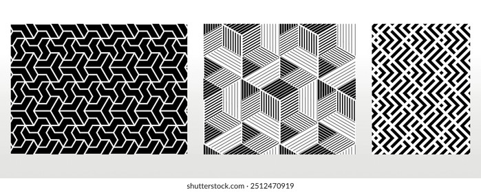 Geometrischer Satz von nahtlosen schwarz-weißen Mustern. Einfache Vektorgrafiken.