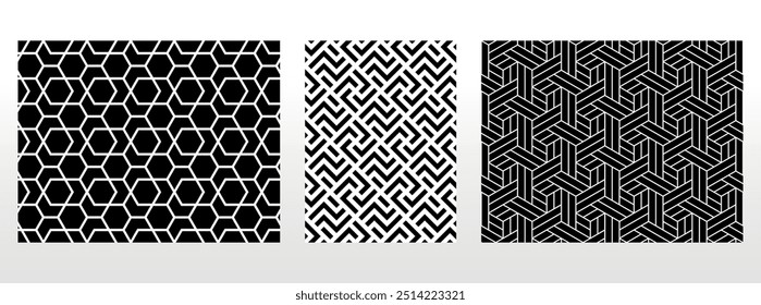 Geometric set of seamless black and white patterns. Simple vector graphics.