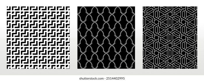 Geometrischer Satz von nahtlosen schwarz-weißen Mustern. Einfache Vektorgrafiken.