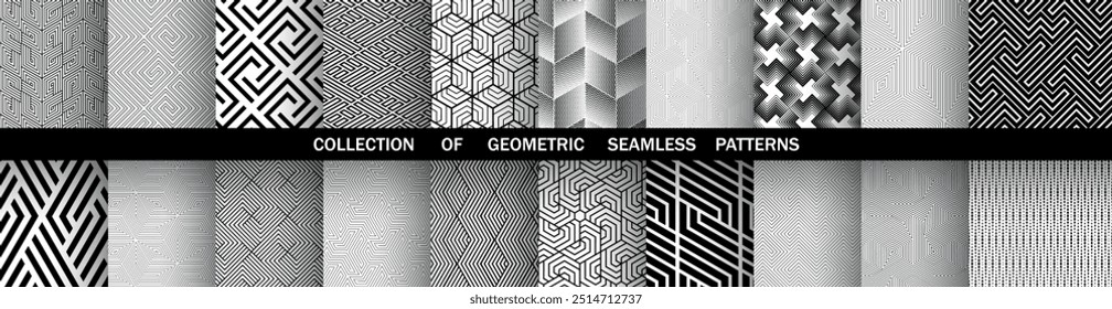 Conjunto geométrico de padrões preto e branco sem costura. Gráficos simples vetoriais.