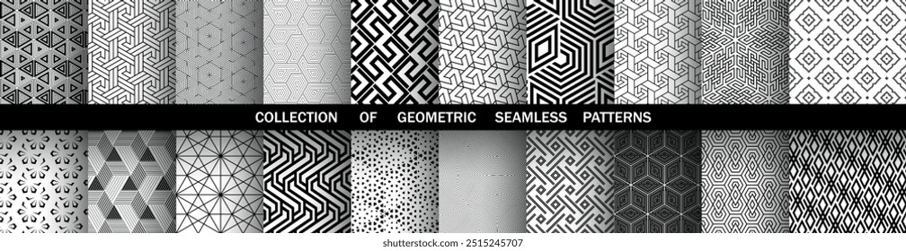 Geometric set of seamless black and white patterns. Simple vector graphics.