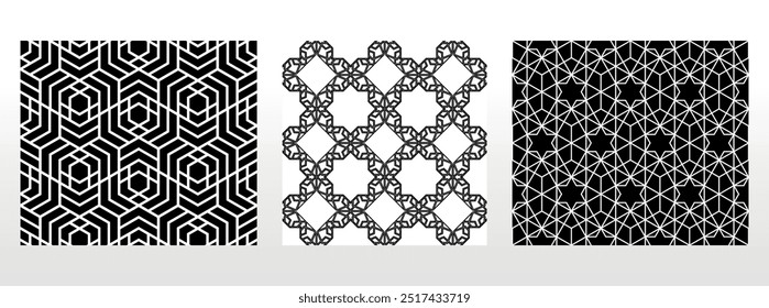 Conjunto geométrico de padrões preto e branco sem costura. Gráficos simples vetoriais.