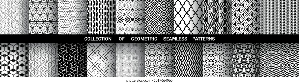 Conjunto geométrico de patrones en blanco y negro sin costuras. Gráficos de Vector simples.