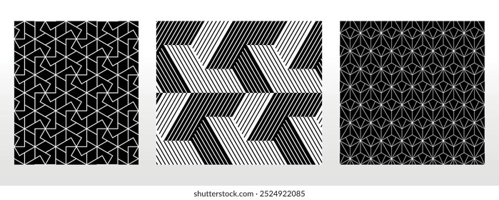Conjunto geométrico de patrones en blanco y negro sin costuras. Gráficos de Vector simples.