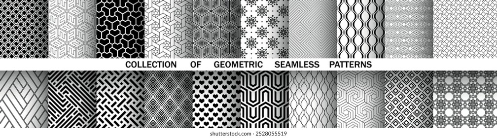 Geometric set of seamless black and white patterns. Simple vector graphics.