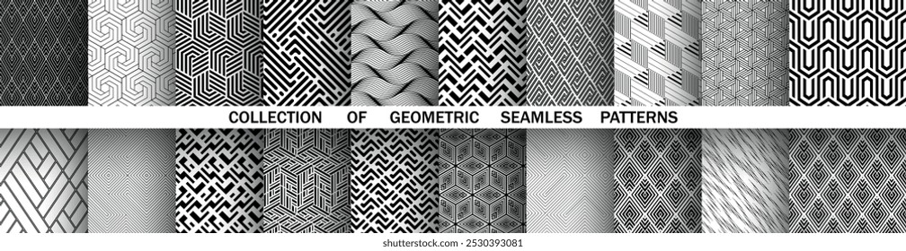 Conjunto geométrico de padrões preto e branco sem costura. Gráficos simples vetoriais.