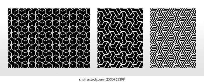 Conjunto geométrico de padrões preto e branco sem costura. Gráficos simples vetoriais.
