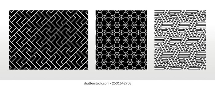 Geometric set of seamless black and white patterns. Simple vector graphics.