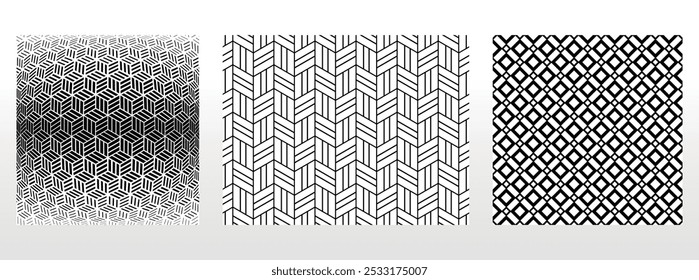 Conjunto geométrico de patrones en blanco y negro sin costuras. Gráficos de Vector simples.