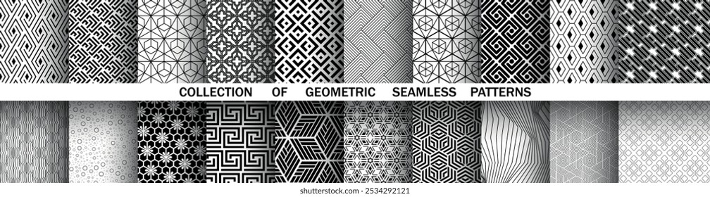 Conjunto geométrico de padrões preto e branco sem costura. Gráficos simples vetoriais.