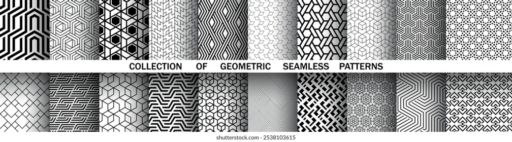 Geometric set of seamless black and white patterns. Simple vector graphics.