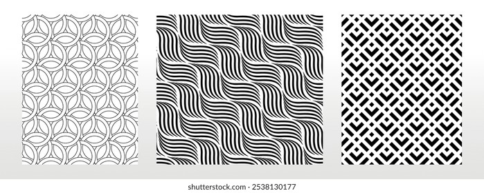 Conjunto geométrico de patrones en blanco y negro sin costuras. Gráficos de Vector simples.