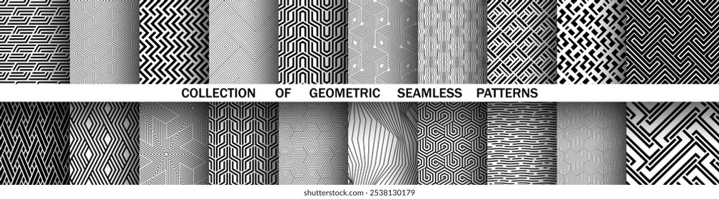 Conjunto geométrico de patrones en blanco y negro sin costuras. Gráficos de Vector simples.