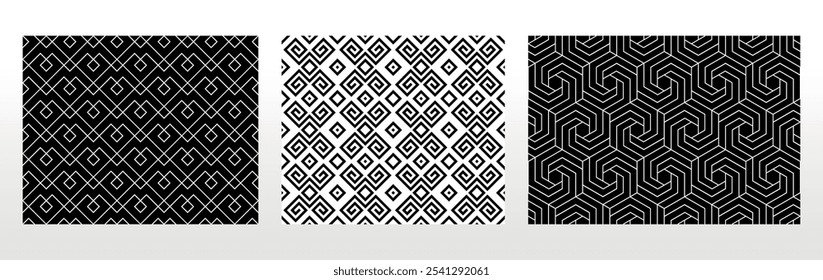 Conjunto geométrico de patrones en blanco y negro sin costuras. Gráficos de Vector simples.