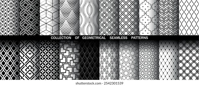 Conjunto geométrico de padrões preto e branco sem costura. Gráficos simples vetoriais.