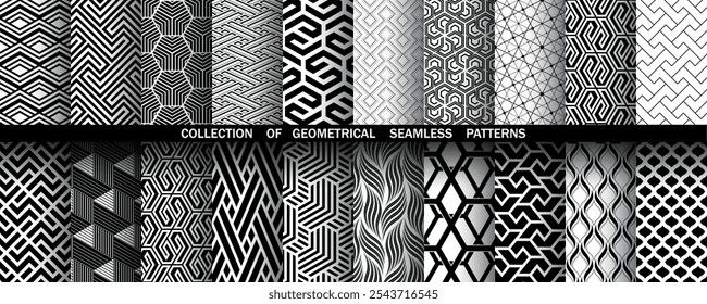 Conjunto geométrico de padrões preto e branco sem costura. Gráficos simples vetoriais.