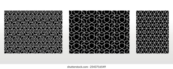 Conjunto geométrico de patrones en blanco y negro sin costuras. Gráficos de Vector simples.