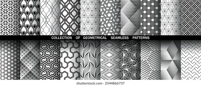 Conjunto geométrico de patrones en blanco y negro sin costuras. Gráficos de Vector simples.