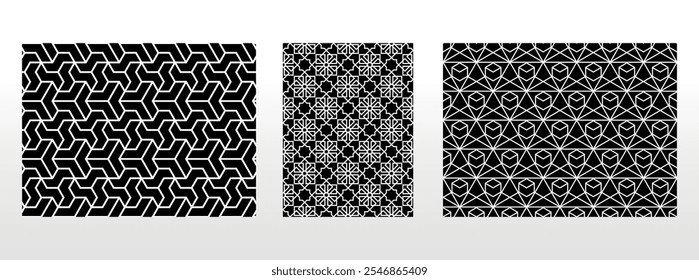 Conjunto geométrico de patrones en blanco y negro sin costuras. Gráficos de Vector simples.
