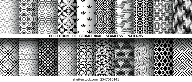 Geometric set of seamless black and white patterns. Simple vector graphics.