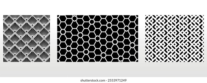 Geometric set of seamless black and white patterns. Simple vector graphics.