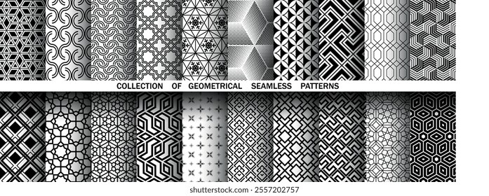 Geometric set of seamless black and white patterns. Simple vector graphics.