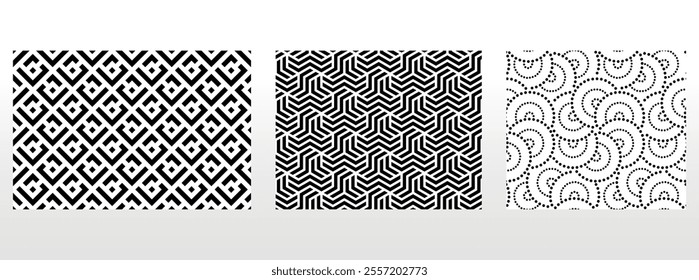 Geometric set of seamless black and white patterns. Simple vector graphics.