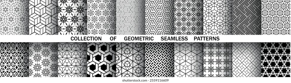 Geometric set of seamless black and white patterns. Simple vector graphics.