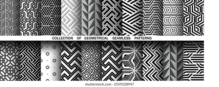 Geometric set of seamless black and white patterns. Simple vector graphics.