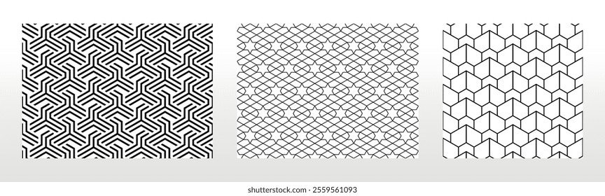Geometric set of seamless black and white patterns. Simple vector graphics..