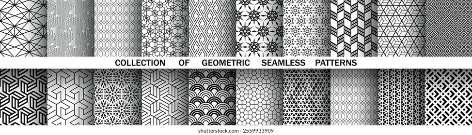 Geometric set of seamless black and white patterns. Simple vector graphics.