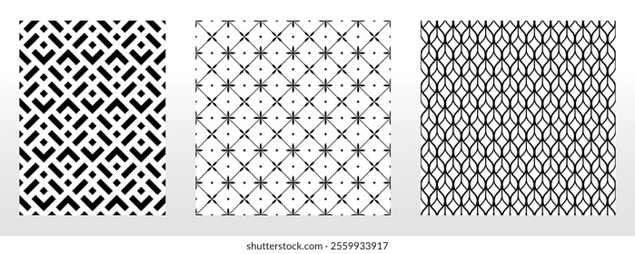 Geometric set of seamless black and white patterns. Simple vector graphics.