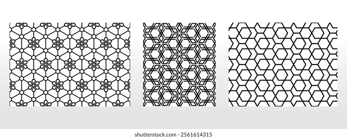 Geometric set of seamless black and white patterns. Simple vector graphics.
