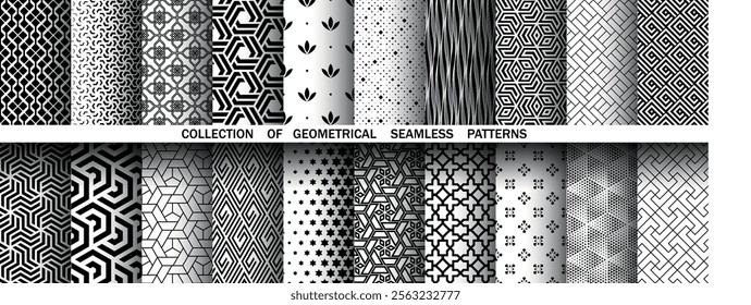 Geometric set of seamless black and white patterns. Simple vector graphics.