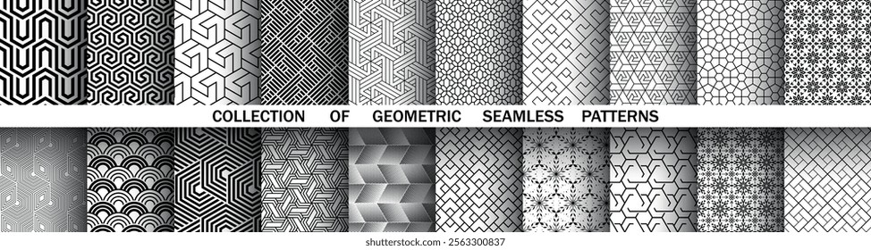 Geometric set of seamless black and white patterns. Simple vector graphics.