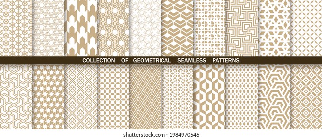 Geometric set of seamless gold and white patterns. Simple vector graphics