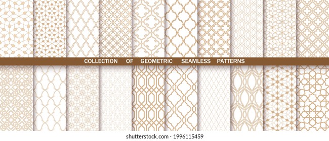 Geometric set of seamless gold and white patterns. Simple vector graphics