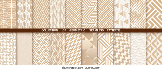 Geometric set of seamless gold and white patterns. Simple vector graphics